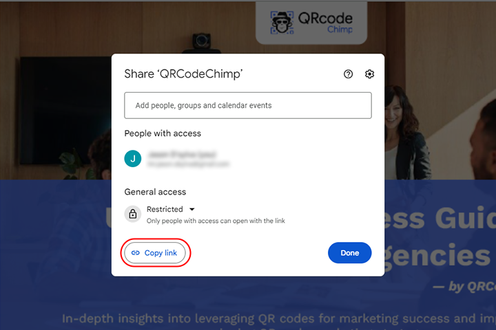 A google slide showing copy link option