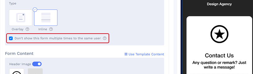 The image showcases the 5th step to create a form QR codeEnable the ‘Don't show this form multiple times to the same user’