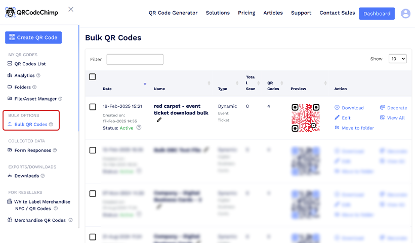 Step 2: Go to Dashboard and select Bulk QR Codes.