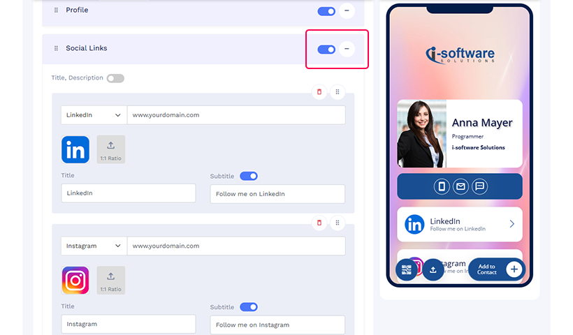 Ensure the Social Links section is enabled. To do so, click the toggle on.