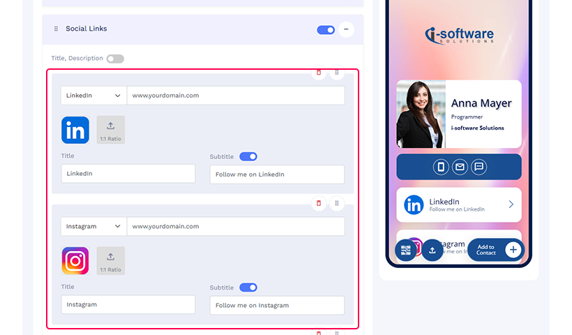 Enter the direct links to your social media accounts. For each account, you can add a title and subtitle.