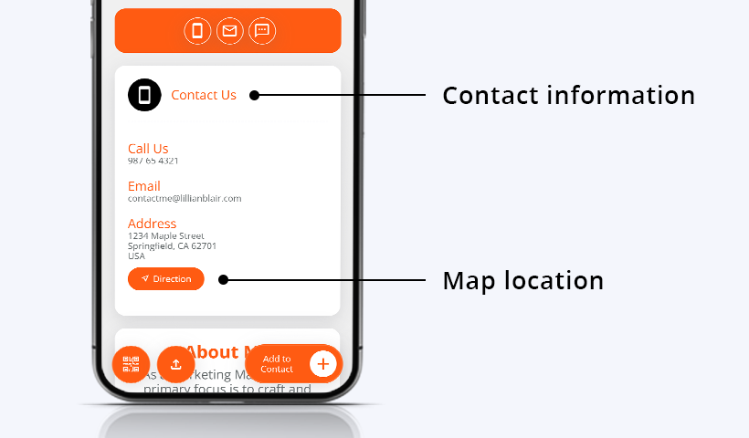 Business cards: Contact information and map location