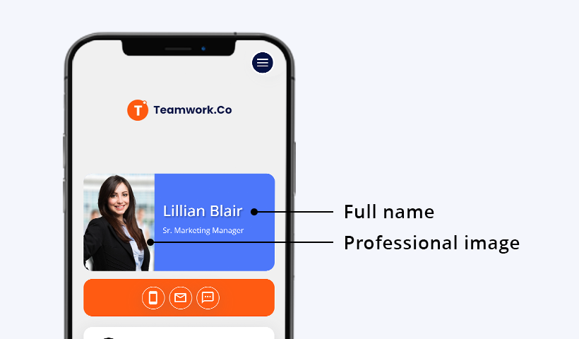 Full name and professional image of business cards