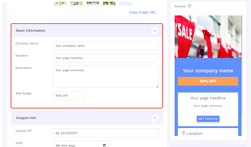 Step 2 to create a QR code for coupon Enter basic information like the company’s name, offer description, sale badge, etc.