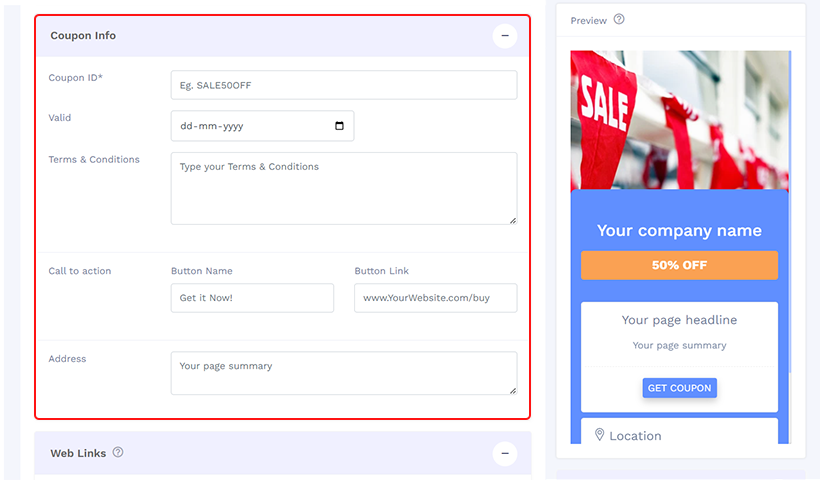 Step 3 to create a QR code for coupon in the ‘Coupon Info’ section, specify the coupon ID, validity date, and more. 