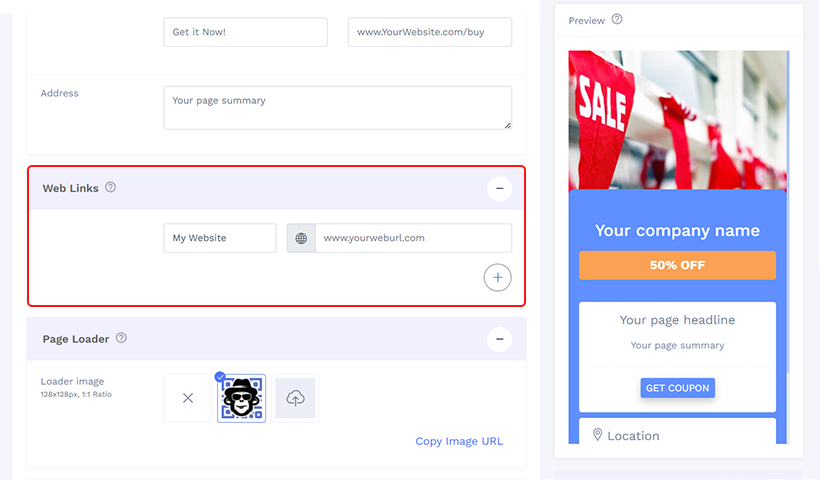 Step 4 to create a QR code for coupon add the web links you want to include on the coupon page.