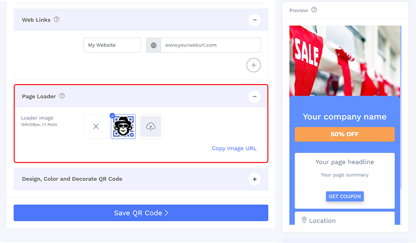 Step 5 (Optional) to create a QR code for Coupon, choose a page loader image to display while the page is loading.