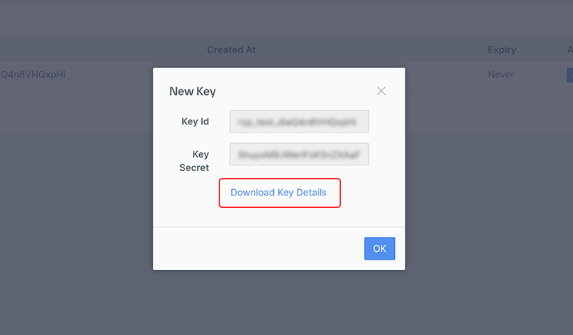 Download and securely store these keys, as the key_secret will not be displayed again.