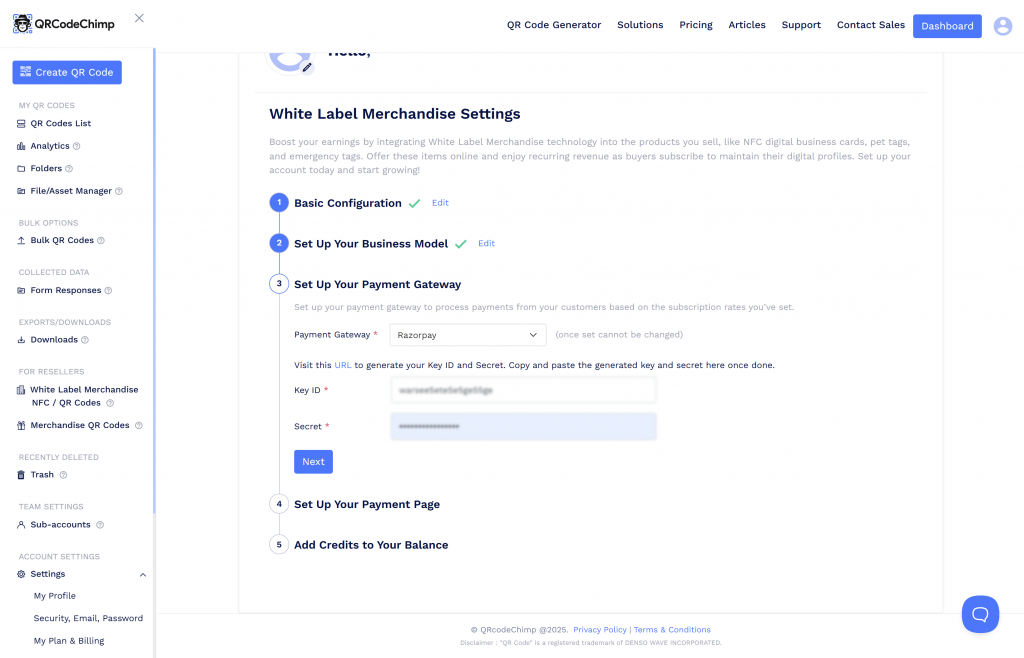 Enter the key_id and key_secret obtained from Razorpay into the respective fields in the Set Up Your Payment Gateway section.