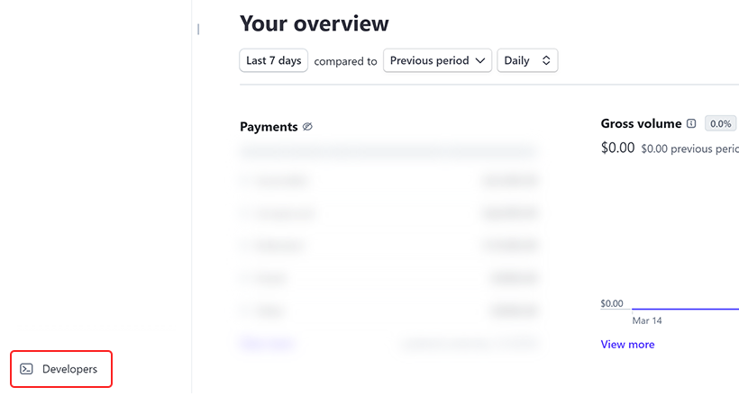 Visit your Stripe Dashboard and click the Developers option on the left panel.
