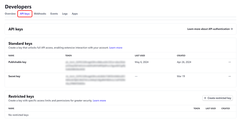 Then click the API keys tab and check the Standard keys section.