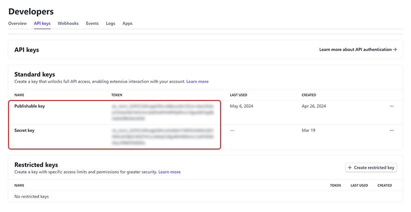 Copy your Publishable key and Secret key.