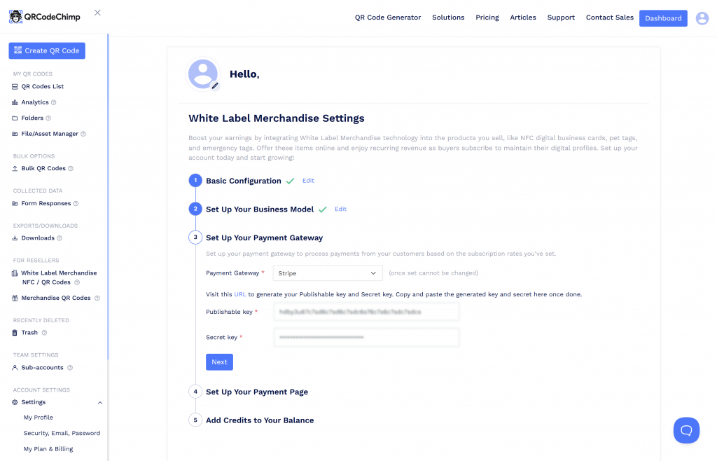 Paste the publishable and secret keys in their respective fields in the Set Up Your Payment Gateway section.