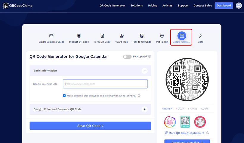 Step 1: Visit the QRCodeChimp Google Calendar Generator.