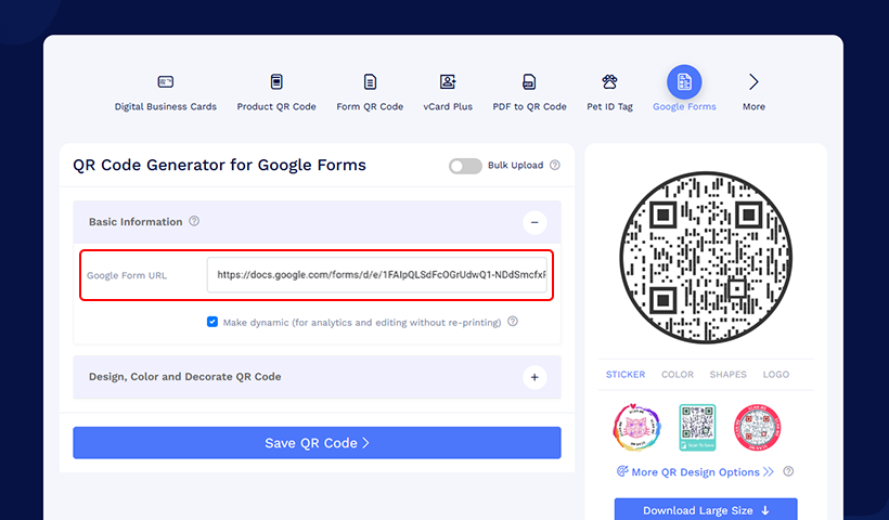 Step 4: Paste your Google Form link into QRCodeChimp.