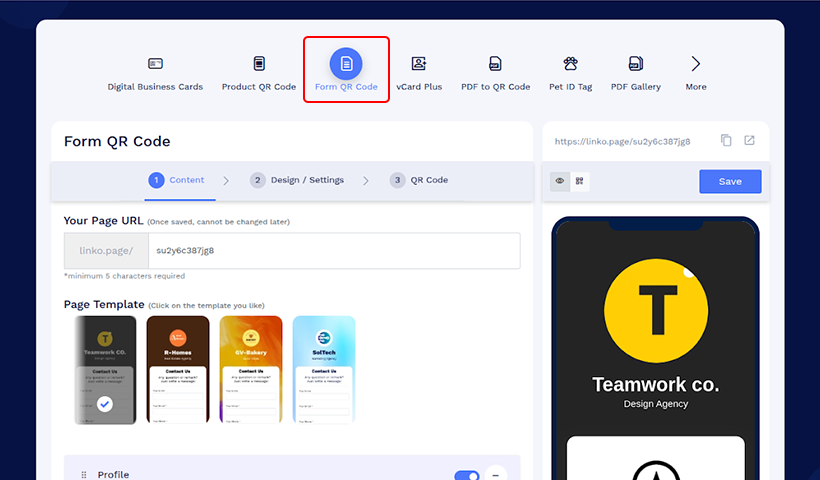 QRCodeChimp dashboard showing the “Form QR Code” creation page with design and settings options.