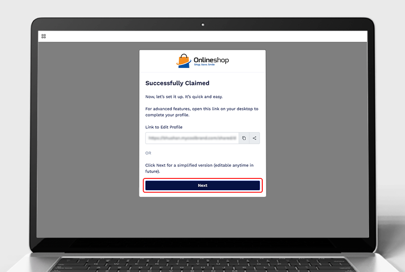 Step 4: Successfully Claimed Confirmation: The system confirms the digital business card has been successfully claimed.