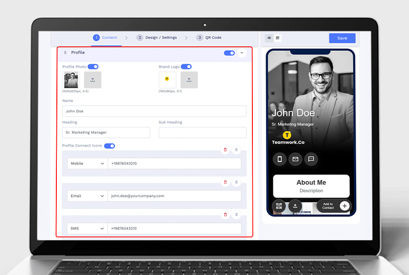 Step 6: Enter Contact Details: Users input name, job title, company, phone, email, and branding elements.