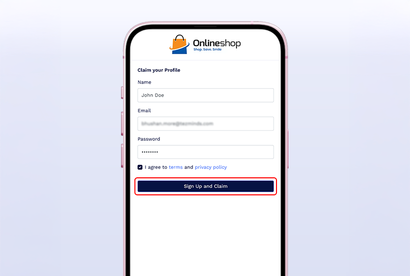 Step 3: Claiming Profile: The user enters name, email address, and password before clicking the Sign Up and Claim button.