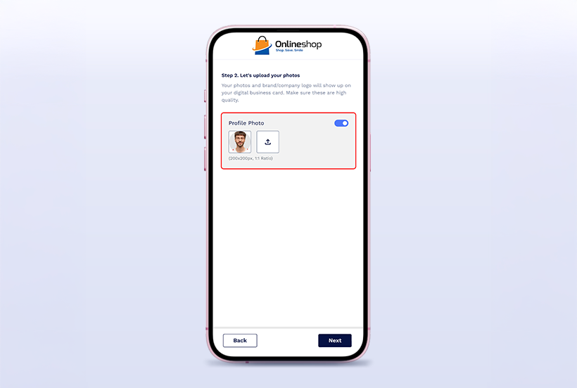 Step 6: Upload Profile and Branding Photos: Users add a profile image and brand logo.