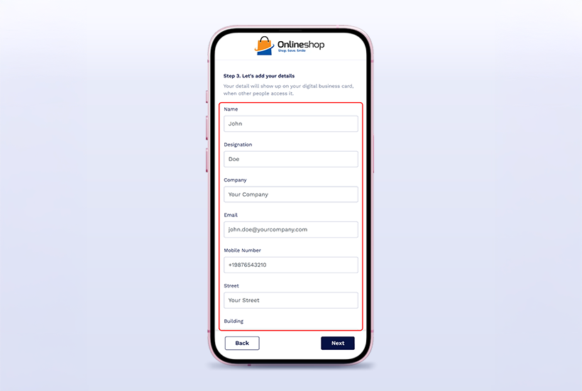 Step 7: Enter Contact & Business Details: Users input name, designation, company name, email, phone number, and social links.