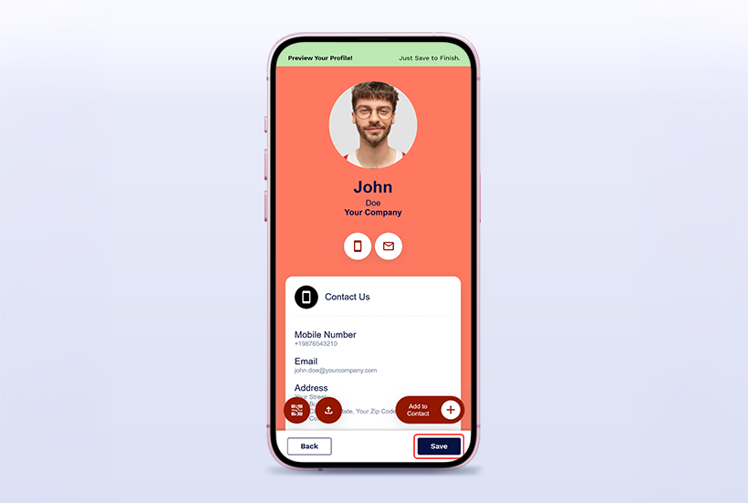Step 8: Customize Call-to-Action Buttons: Add options for calls, emails, WhatsApp, scheduling, and website links.