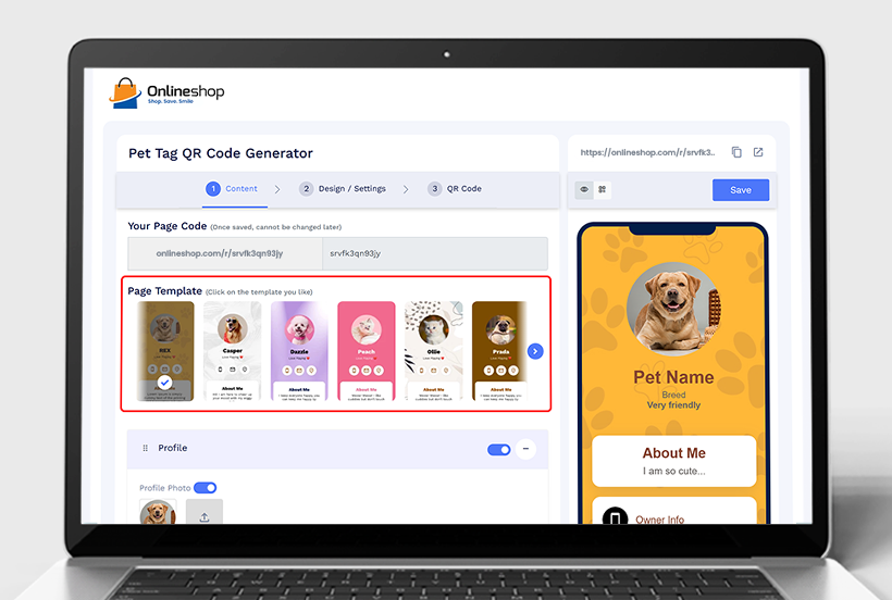 Step 5: Select a Template: Users choose a preferred profile layout for their pet’s digital page.