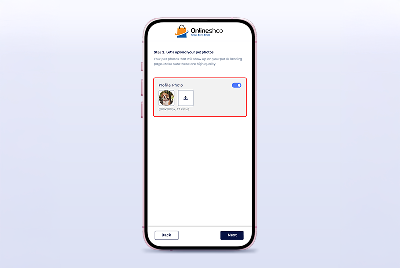 Step 6: Upload Profile and Pet Photos: Users add a pet image.