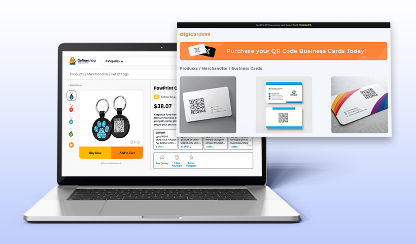 Laptop displaying an online product page for QR code business cards and pet ID tags, representing a reseller's professional eCommerce site.