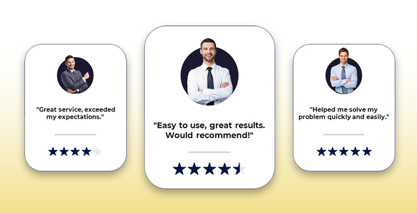 Three testimonial cards featuring professional headshots, 5-star ratings, and positive feedback from satisfied customers.