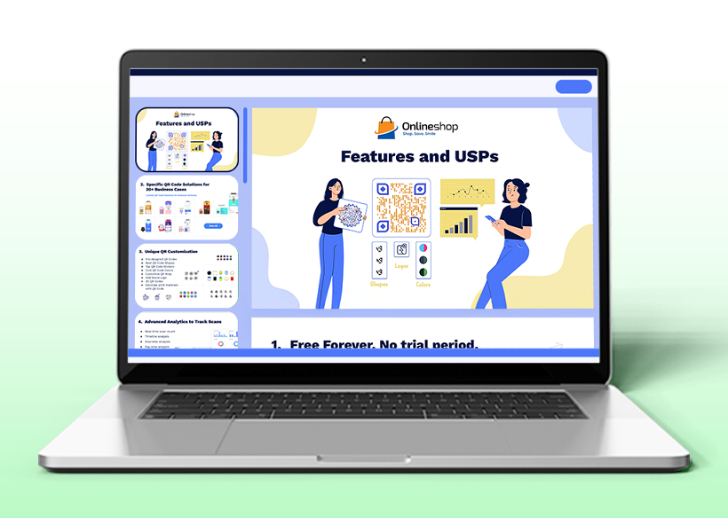 Laptop screen displaying a colorful sales pitch deck titled "Features and USPs" with illustrations, product highlights, and data visuals.