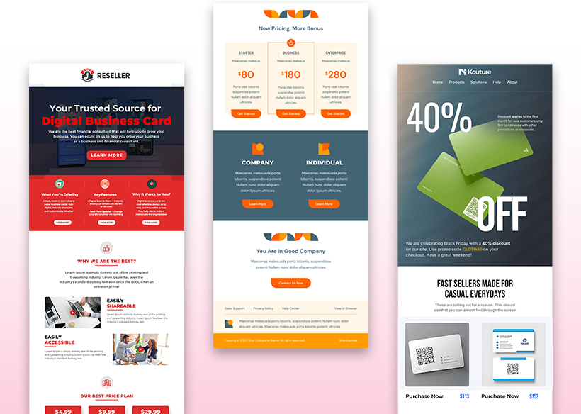 Three email marketing templates for digital product resellers, showcasing promotional offers, pricing plans, and product benefits to engage and convert leads.
