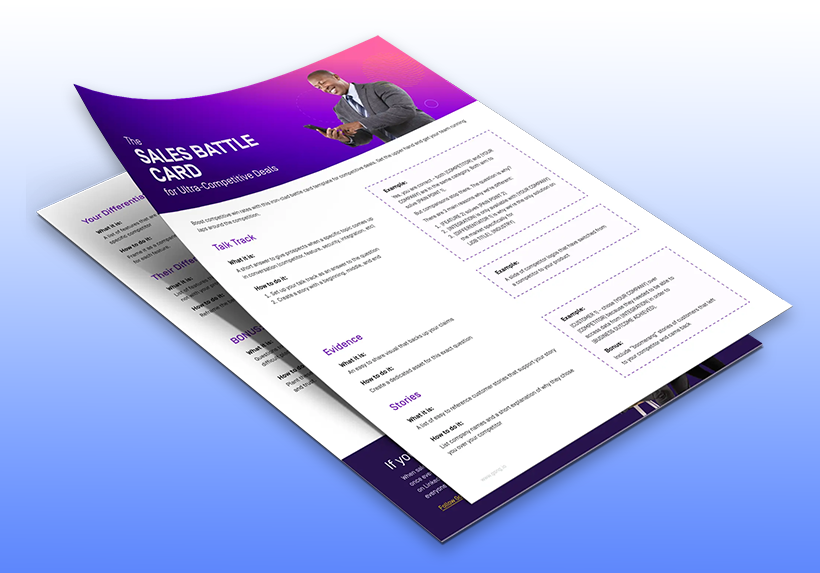 Printed sales battlecard for resellers with talk tracks, objections, and positioning tips, designed for high-stakes deal conversations.