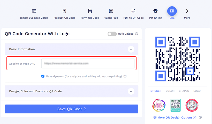Step 2: Under Basic Information, enter the link to the content you want to redirect people to. 

It could be a dedicated memorial website or a personalized digital memorial page with photos, videos, voice recordings, and other memories of the deceased.