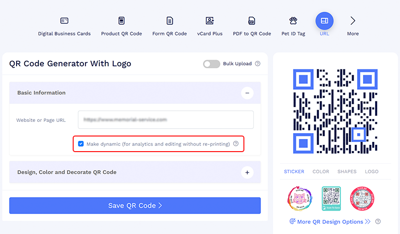 Step 3 (Optional): Select the ‘Make dynamic’ section to create a dynamic QR code. 