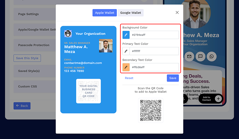 Customize your card's background color, primary text color, and secondary text color.
