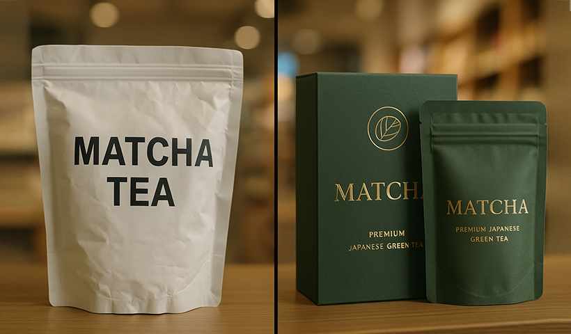 two different matcha brands and their packaging show difference between good and bad packaging.