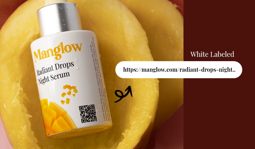 A skincare bottle labeled 'Manglow Radiant Drops Night Serum' placed on a sliced mango, with a QR code and a URL indicating it's a white-labeled product.