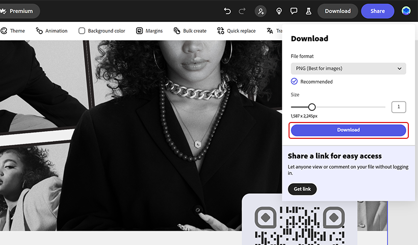 Save or download the QR code flyer using Adobe Express