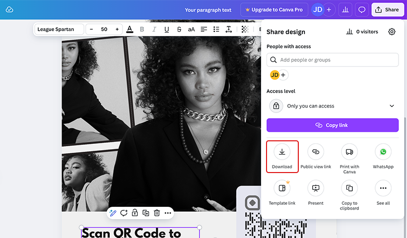 Click ‘Share’ and download of the QR code on flyers