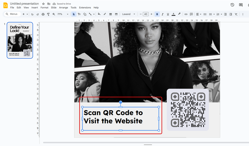 Add a label or instructions on the QR code flyer using Google Slides