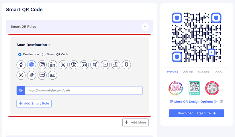 Smart QR Code settings with multiple destination options and URL input field.