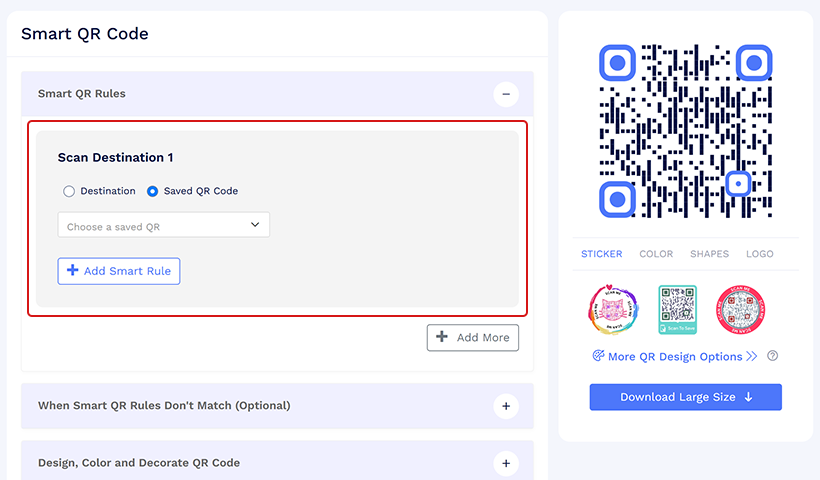 mart QR Code settings with saved QR code option selected.