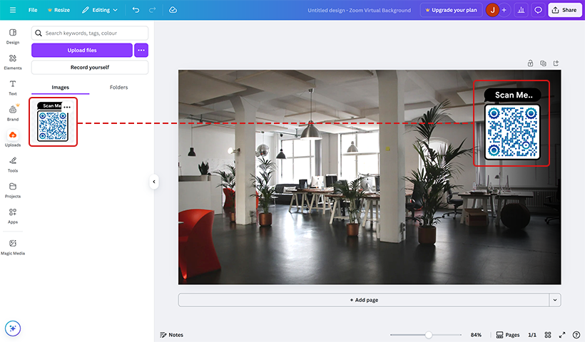 Drag and drop the code onto your design. Size and position the QR code appropriately, ensuring it blends perfectly with the background. 