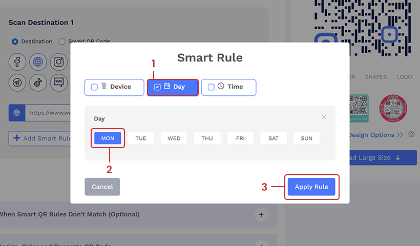 Smart rule setup screen with Day option selected and Apply Rule button highlighted.