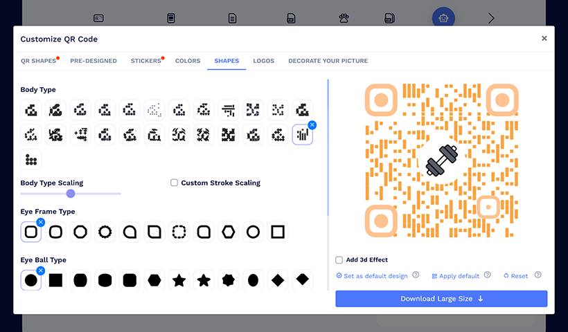 QR code customization panel with shapes, colors, and logo options.