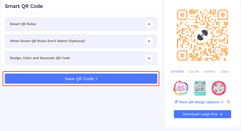 Save and download QR code button highlighted.