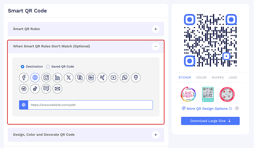 In the next section, ‘When Smart QR Rules Don’t Match,’ you can set a default URL for scans that don’t match any rule. 