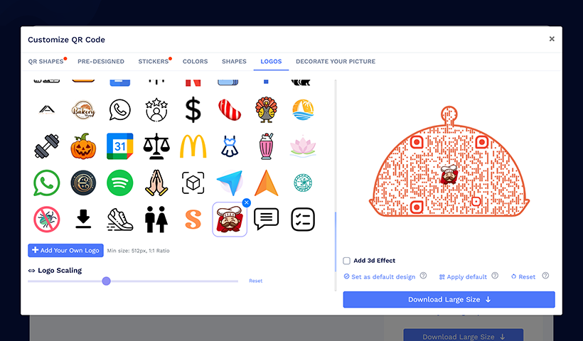 Customize your QR code.

Pick your favorite colors, shapes, logos, and stickers to make your QR code stand out.