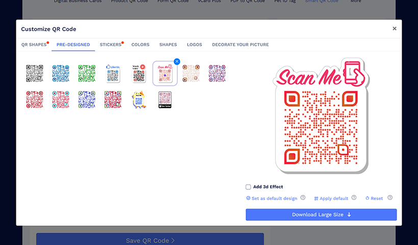 Customize the QR code using colors, shapes, stickers, and logos of your choice to attract more scans and boost engagement. 